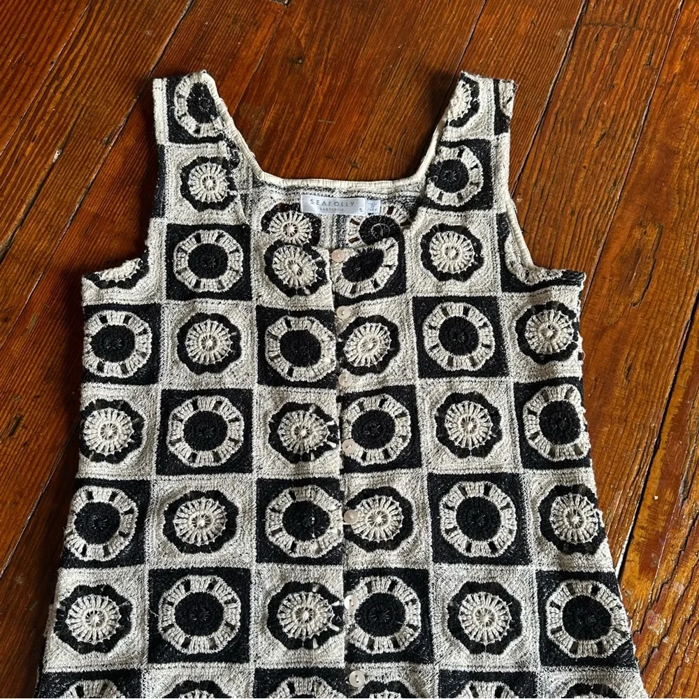Anthropologie Seafolly Crochet Hipster Coverup Beach Mini Dress Black and Cream - Picture 6 of 11